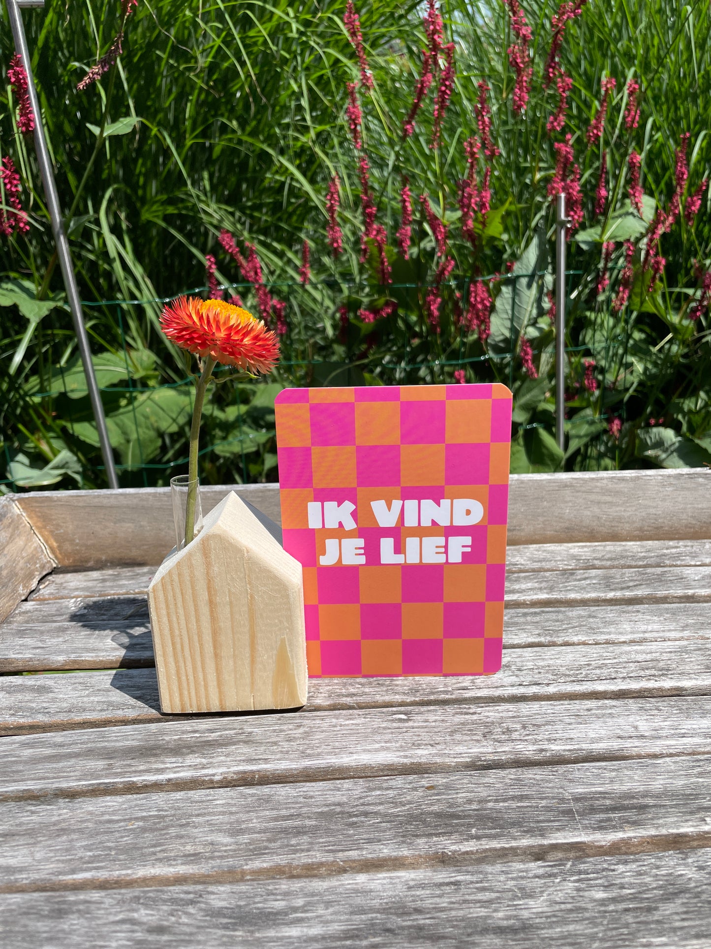Kaarthouder Huisje met minivaasje